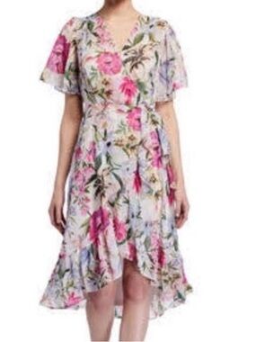 Floral V-Neck Chiffon Faux Wrap Dress